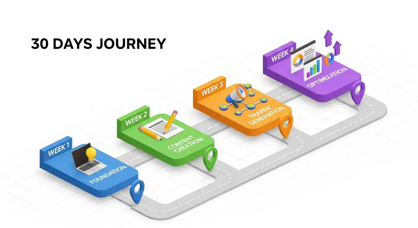 30 Day Journey Roadmap: Foundation, Content Creation, Traffic Generation, Optimization.